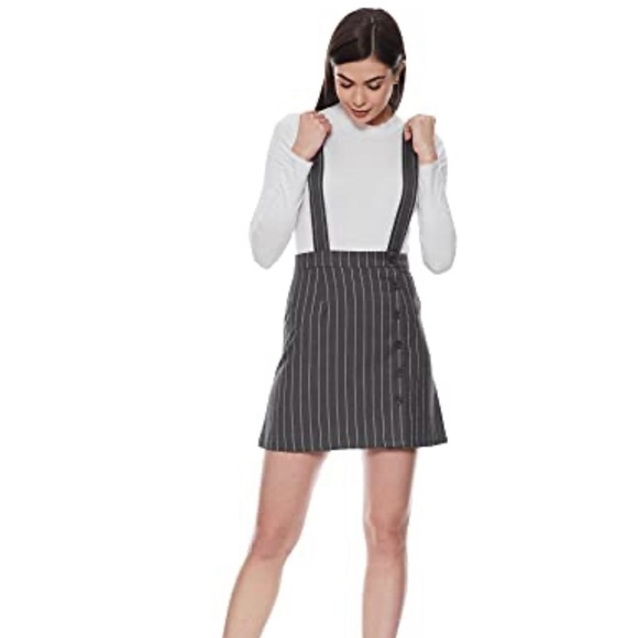 FOREVER 21 Junior Grey/White Pinstripe Suspender A-line skirt - Picture 2 of 9
